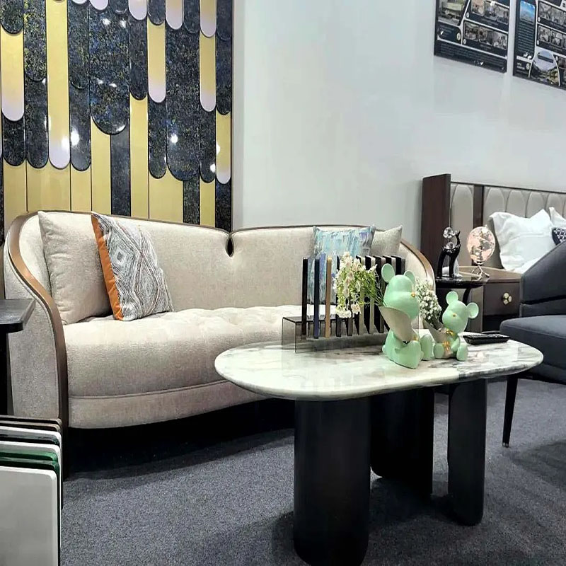 The living room furniture display area of H&P hotel furniture at the Dubai exhibition.