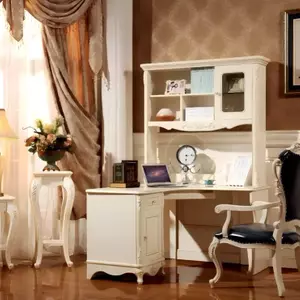 European Style Hotel Room French Carved Ivory White Study Desk Custom Corner Desk with Bookshelf All-In-One Computer Desk