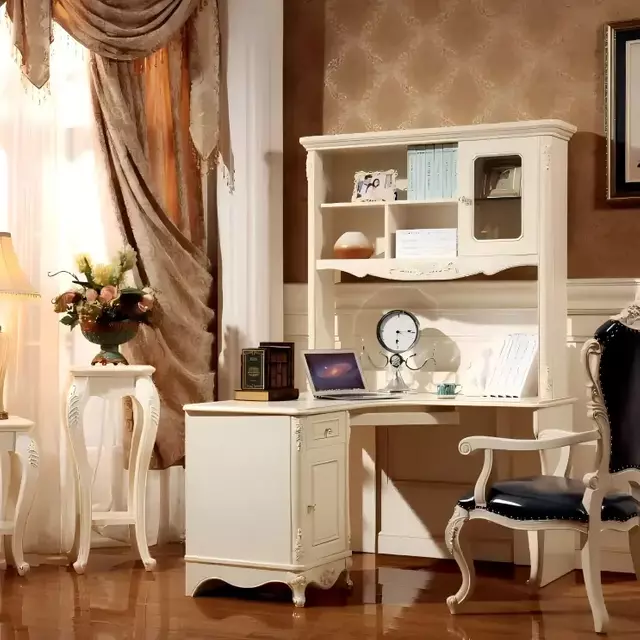 European Style Hotel Room French Carved Ivory White Study Desk Custom Corner Desk with Bookshelf All-In-One Computer Desk