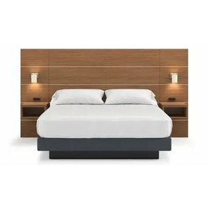 Modern Walnut Full Wall Headboard King Size Bed Set With Double Integrated Nightstands