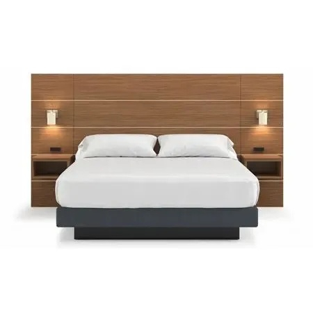 Modern Walnut Full Wall Headboard King Size Bed Set With Double Integrated Nightstands