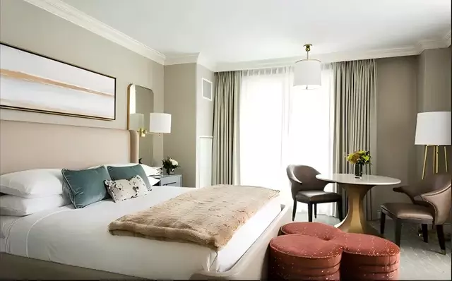 Neutral Beige Upholstered Hotel King Bed with Side Table