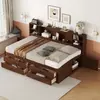 Mid-Century Walnut Solid Wood Multi-Drawer Storage Bed With Full Wall Bookcase Headboard