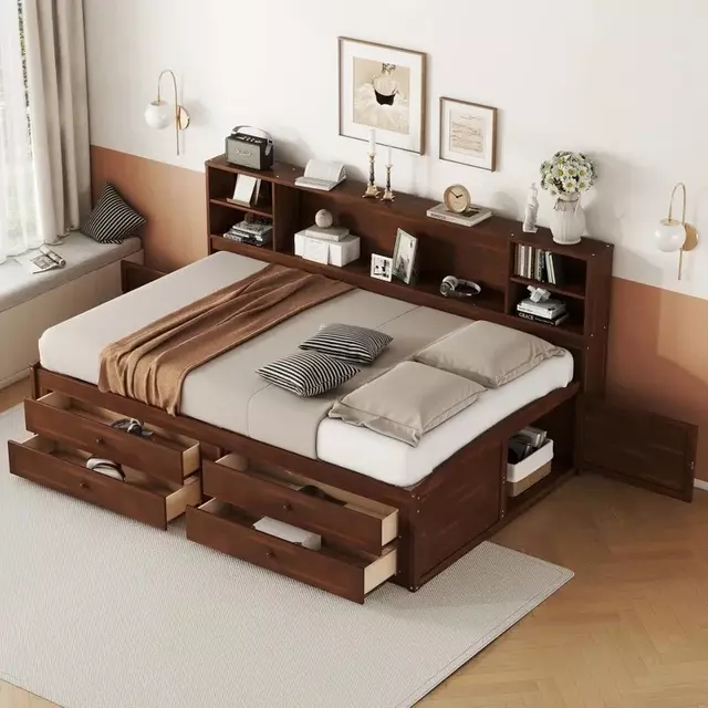 Mid-Century Walnut Solid Wood Multi-Drawer Storage Bed With Full Wall Bookcase Headboard