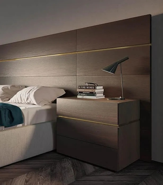 Gradient Two-Tone Wood Veneer Gold Metal Inlay Three-Drawer Hotel Nightstand Single Piece