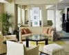 Neutral Beige Textured Fabric Hotel Lounge Sofa Combination with Round Glass Top Coffee Table