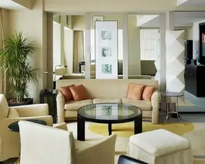 Neutral Beige Textured Fabric Hotel Lounge Sofa Combination with Round Glass Top Coffee Table