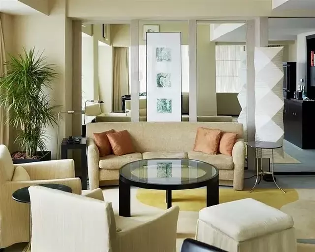 Neutral Beige Textured Fabric Hotel Lounge Sofa Combination with Round Glass Top Coffee Table