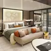 Warm Beige Upholstered Hotel King Bed with Full Length End Bench Sofa & Oval Side Table