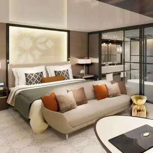 Warm Beige Upholstered Hotel King Bed with Full Length End Bench Sofa & Oval Side Table