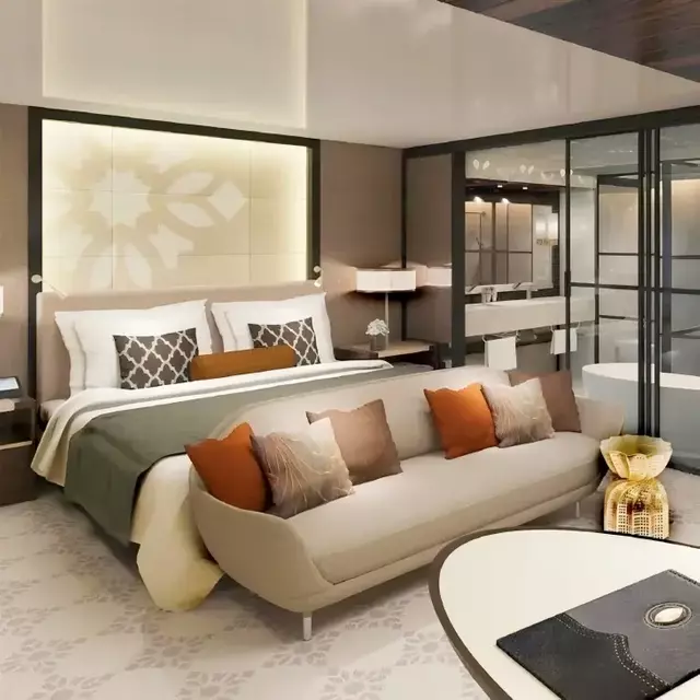 Warm Beige Upholstered Hotel King Bed with Full Length End Bench Sofa & Oval Side Table
