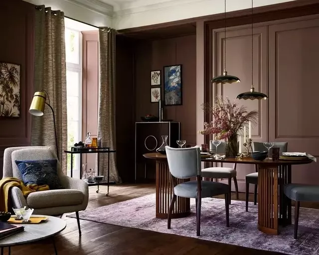 Mid Century Vertical Slat Solid Wood Hotel Dining Table with Grey Upholstered Dining Chairs & Woven Fabric Accent Chair