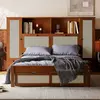 Mid-Century Walnut Rattan Woven Integrated Full Wall Storage Headboard Drawer Storage Bed Full FF&E Set