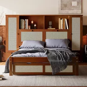 Mid-Century Walnut Rattan Woven Integrated Full Wall Storage Headboard Drawer Storage Bed Full FF&E Set