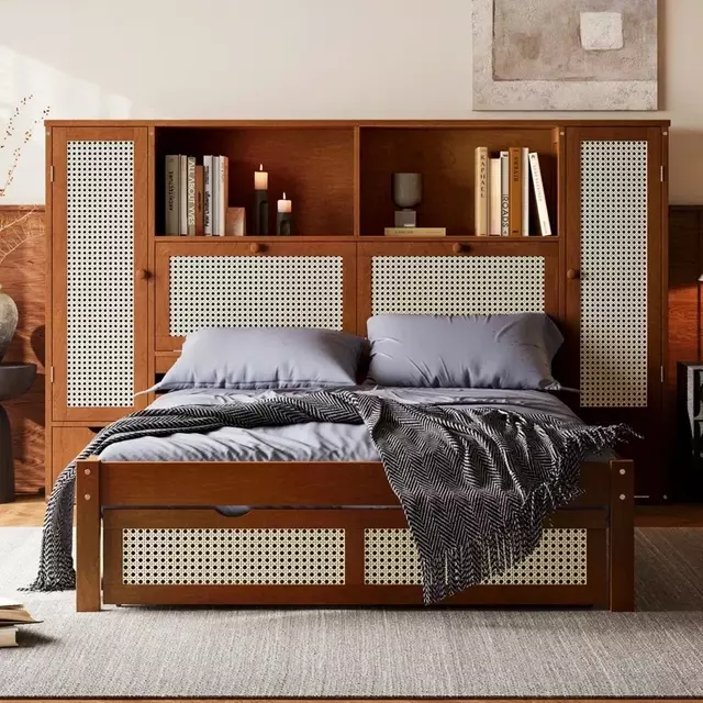 Mid-Century Walnut Rattan Woven Integrated Full Wall Storage Headboard Drawer Storage Bed Full FF&E Set