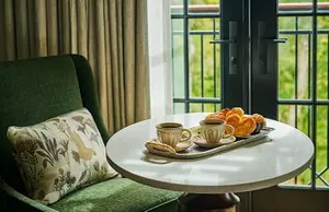Vintage Green Fabric Hotel Accent Chair with Marble Round Side Table