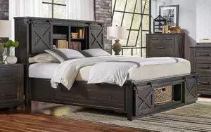 Rustic Dark Solid Wood Storage Bed With Sliding Barn Door Bookcase Headboard Farmhouse