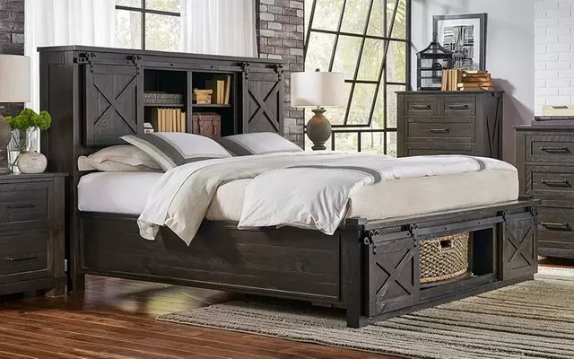 Rustic Dark Solid Wood Storage Bed With Sliding Barn Door Bookcase Headboard Farmhouse