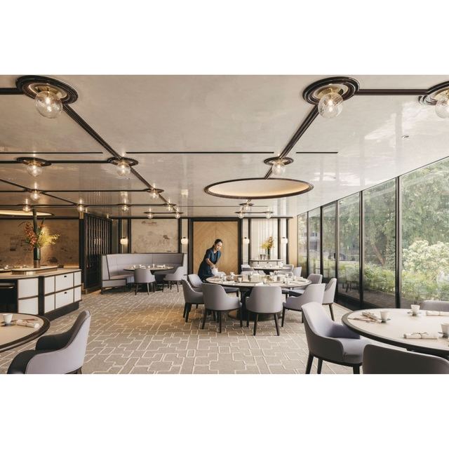 Complete Built‑In And Loose Furnishings Including Round Dining Sets, Banquette Seating, Sideboards, Wall Woodwork And Ceiling Trim