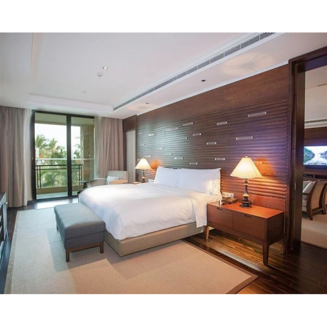 Modern Dark Wood Full Furniture Set With Horizontal Slatted Wall Panel For Hotel King‑Size Rooms