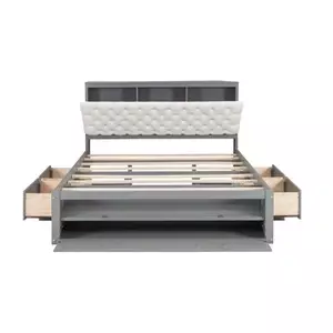 Multi Storage Drawer Upholstered Platform Hotel Bed with Built-in Headboard Open Cubby