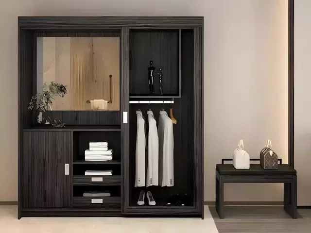 Modern Dark Wood Sliding Door Wardrobe With A Mirror