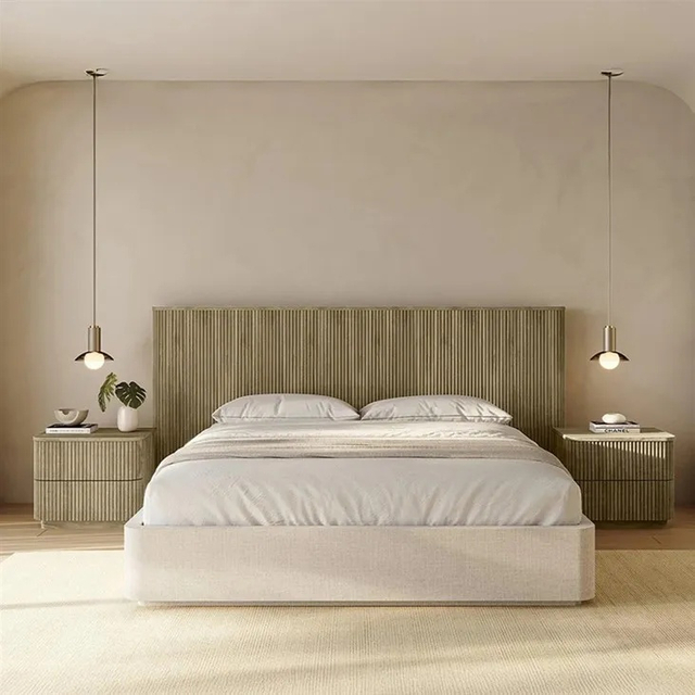 Light Oak Vertical Fluted Reed Wood Panel Hotel Headboard Bed Frame Guest Room Furniture