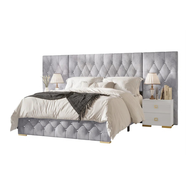 Light Gray Velvet Split Diamond Tuft Wall Headboard Storage Hotel Bed