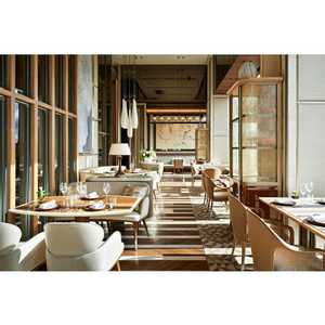 Urban 5-Star Hotel Western Restaurant Public FF&E Works Light Luxury Solid Wood Dining Tables Upholstered Banquettes Display Cabinets Customization