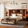 Walnut Rattan Integrated Full Wall Storage Headboard Drawer Storage Bed
