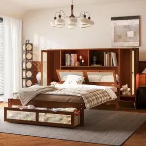 Walnut Rattan Integrated Full Wall Storage Headboard Drawer Storage Bed