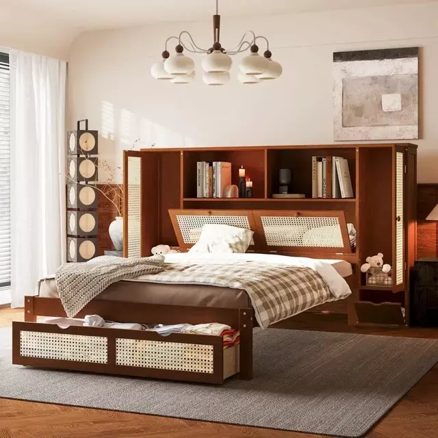 Walnut Rattan Integrated Full Wall Storage Headboard Drawer Storage Bed