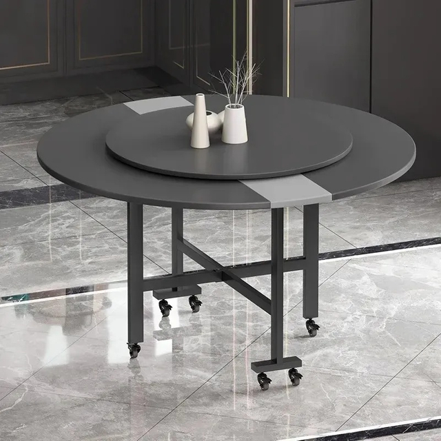 Multi-Size Foldable Wheeled Round Hotel Dining Table with Rotating Lazy Susan