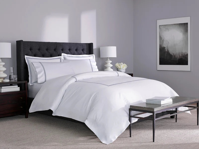  Linen Panel Hotel Headboard, Dark Solid Wood Nightstand & Metal Stone Top Bench Complete Standard Room