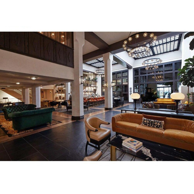 Caramel Brown Genuine Leather Modular Sofa Vintage Sphere Ring Chandelier Custom Furnishings For Inn Public Area Project