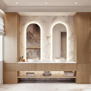 Cream Wood Wabi-Sabi Resort Hotel Double Sink Floating Vanity Set With Arched Backlit LED Smart Mirror