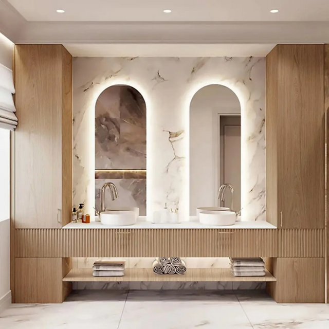 Cream Wood Wabi-Sabi Resort Hotel Double Sink Floating Vanity Set With Arched Backlit LED Smart Mirror